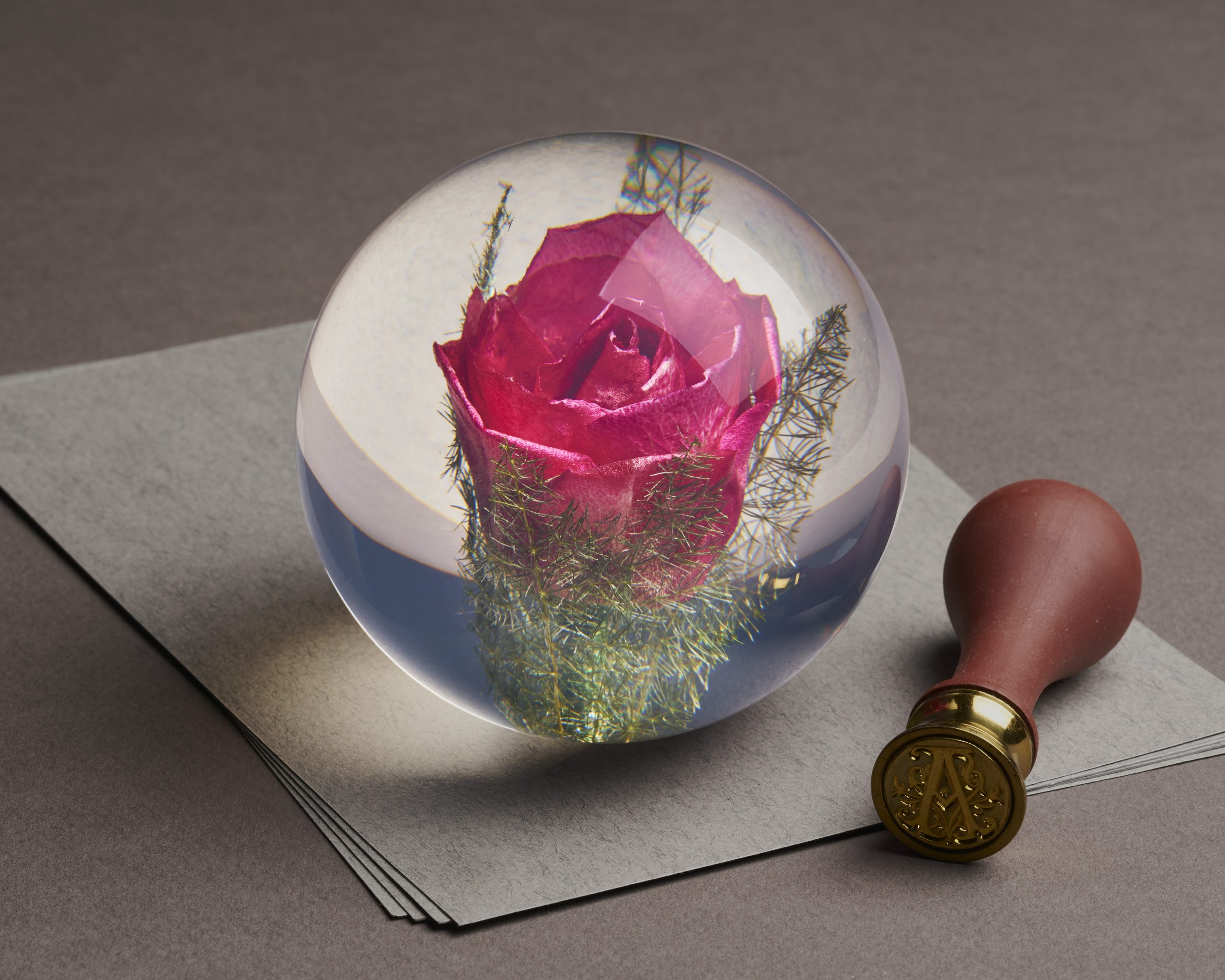 Hafod Grange Paperweights Briefbeschwerer rote Rose echte Blume in Kunstharz NEU 